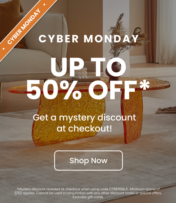 Advertisement for Cyber Monday sale with furniture and 'Shop Now' button.