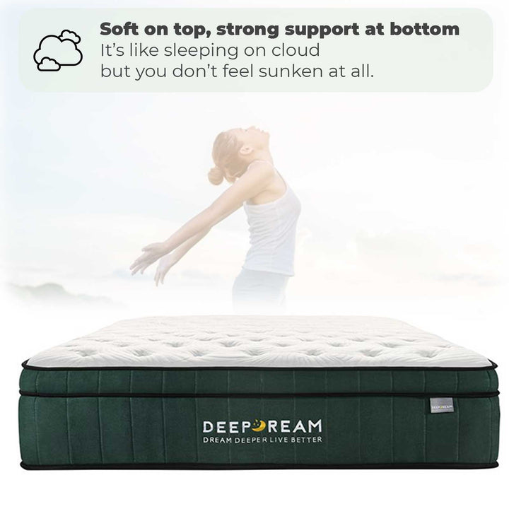 The Deep Dream Green Tea mattress has revised springs and dense foam to achieve a soft top and strong support at the bottom