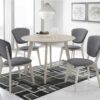 Eva 5-piece round dining set with table and chairs with white washed color and grey upholstery in dining room setting