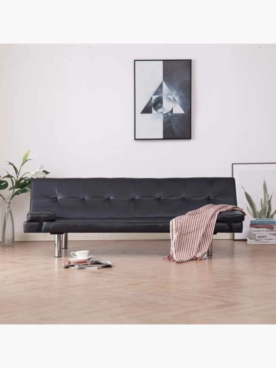 Alma Leather Sofa Bed With Pillows Black